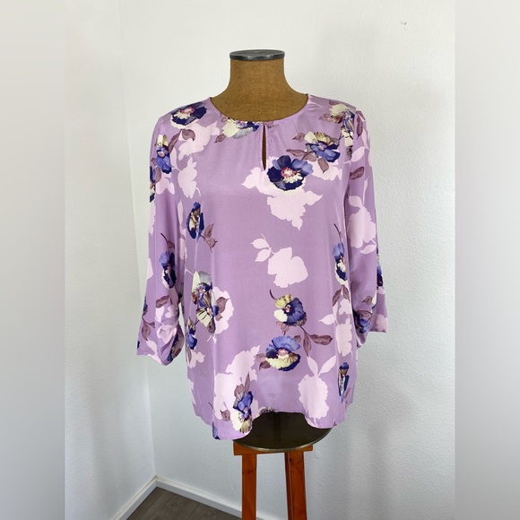 David Lawrence Silk Blouse 14 Floral Ruched Sleeve Lavender Keyhole Semi Sheer - Picture 13 of 13